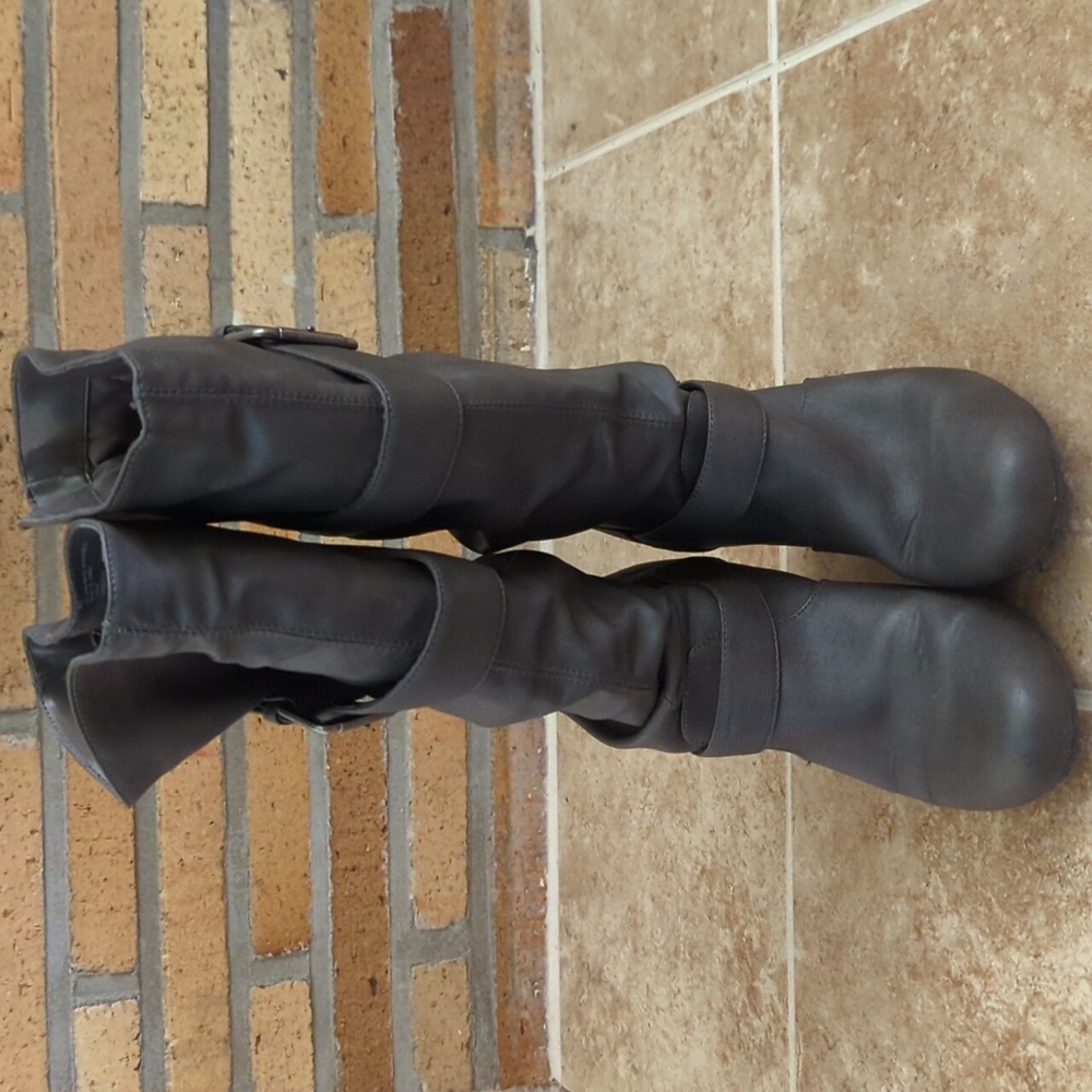 Slouchy just below the knee boot with silver buckle detail